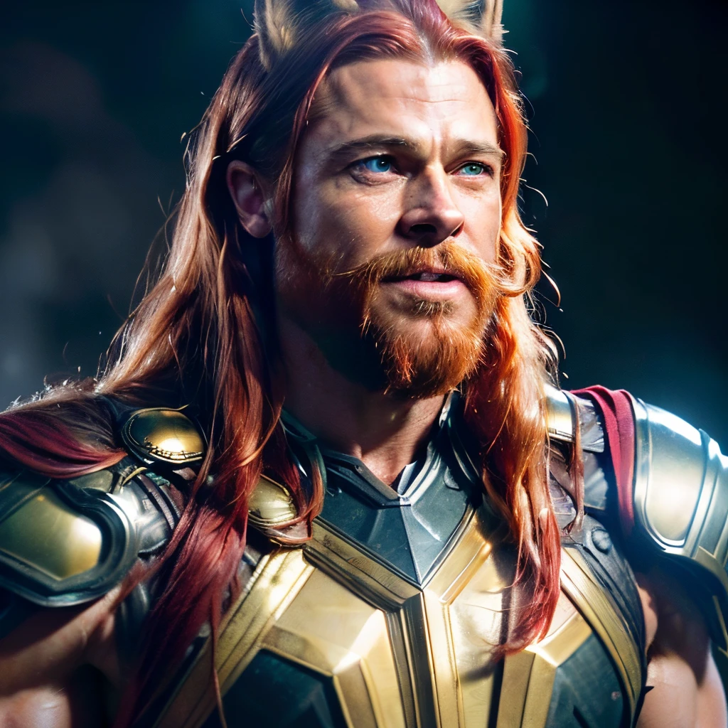 ((masterpiece)), 8k cg, best quality, intricate details, chromatic aberration, close up, ((bust shot)), ((looking at the viewer)), realism, 1man, (((background(((dark background)), fog)), Caucasian, adult face, Masculine face, chiseled face, ((rugged face)), broad jaw, ((long red beard)), smile, closed mouth, ((fox ears)), (((green eyes))), shoulder length straight hair((red hair)), (thor suit, god armor, black and gold, epic armor), brad pitt, super muscular body,