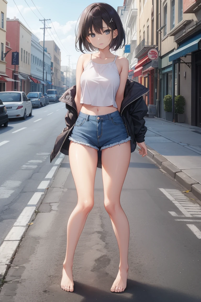 a girl stands on the street with her pants and panties pulled down to her knees, ((bare thighs)), ((You can see the)), ((panties down to knees))