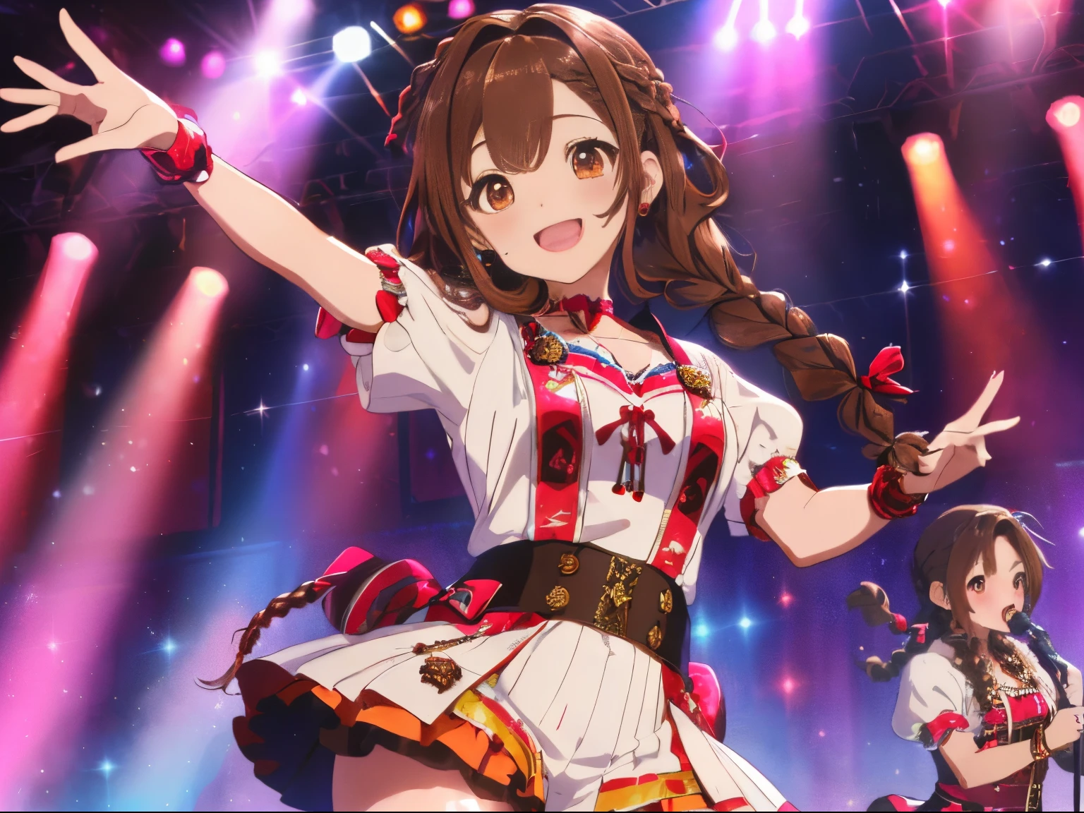 fluffy hair,((brown haired)),((Braided shorthair)),Slightly red tide,((Brown eyes)),(Live stage illuminated with colorful lights),((Idol costume with fluffy volume)),(sing with a microphone decorated with ribbons),(little sweat),A happy smile,((Dancing while singing)),