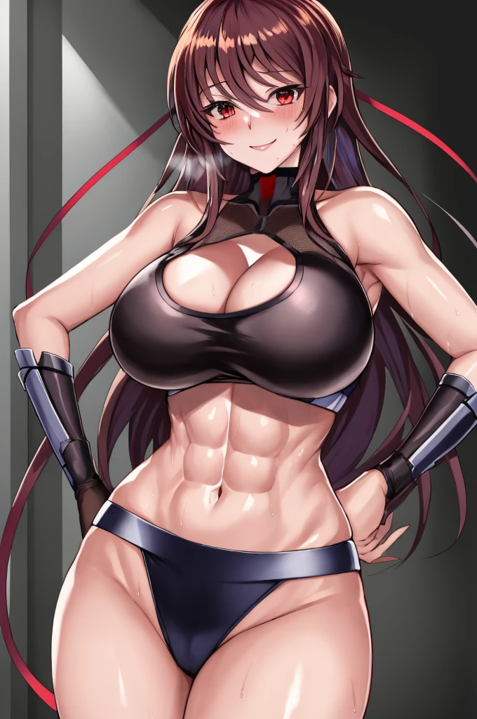 masterpiece, best quality, shiranui, 1girl, breasts, solo, sweat, sports bra, large breasts, cleavage, navel, midriff, smile, abs, toned, looking at viewer, hand on hip, blush, huge breasts, brown hair, long hair, bangs, hair between eyes, red eyes, hair ribbon, shiranui,