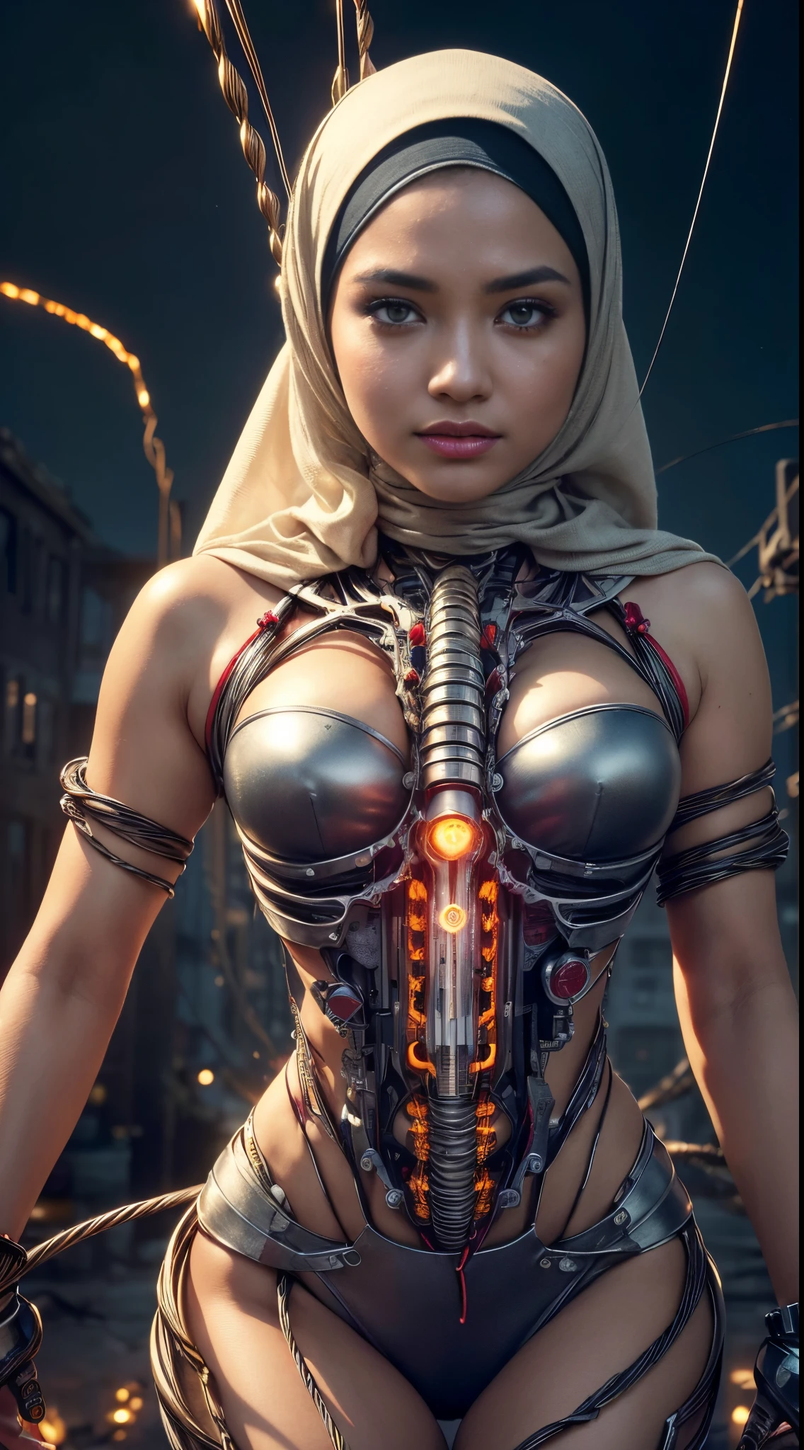 RAW, Best quality, high resolution, masterpiece: 1.3), beautiful Malay woman in hijab (iu:0.8),(((malay girl))), beutifull face, (((masterpiece))), ((best quality)), ((ultra-detailed)), (CG illustration), (an extremely devious and beautiful)), cinematic light, ((1 mechanical African girl)), (((hijab))), long hijab, silver hijab, single, full, (machine-made joints: 1.4), ((mechanical limb)), ( blood vessels attached to the tube), ((mechanical spine attached to the back)), ((mechanical cervical vertebrae attached to the neck), ((combat stance, sparks all around)), expressionless, (wires and cables attached to the head and body: 1.5), (character focus), science fiction, apocalypse, glow,((perfect face)), (non-hair)