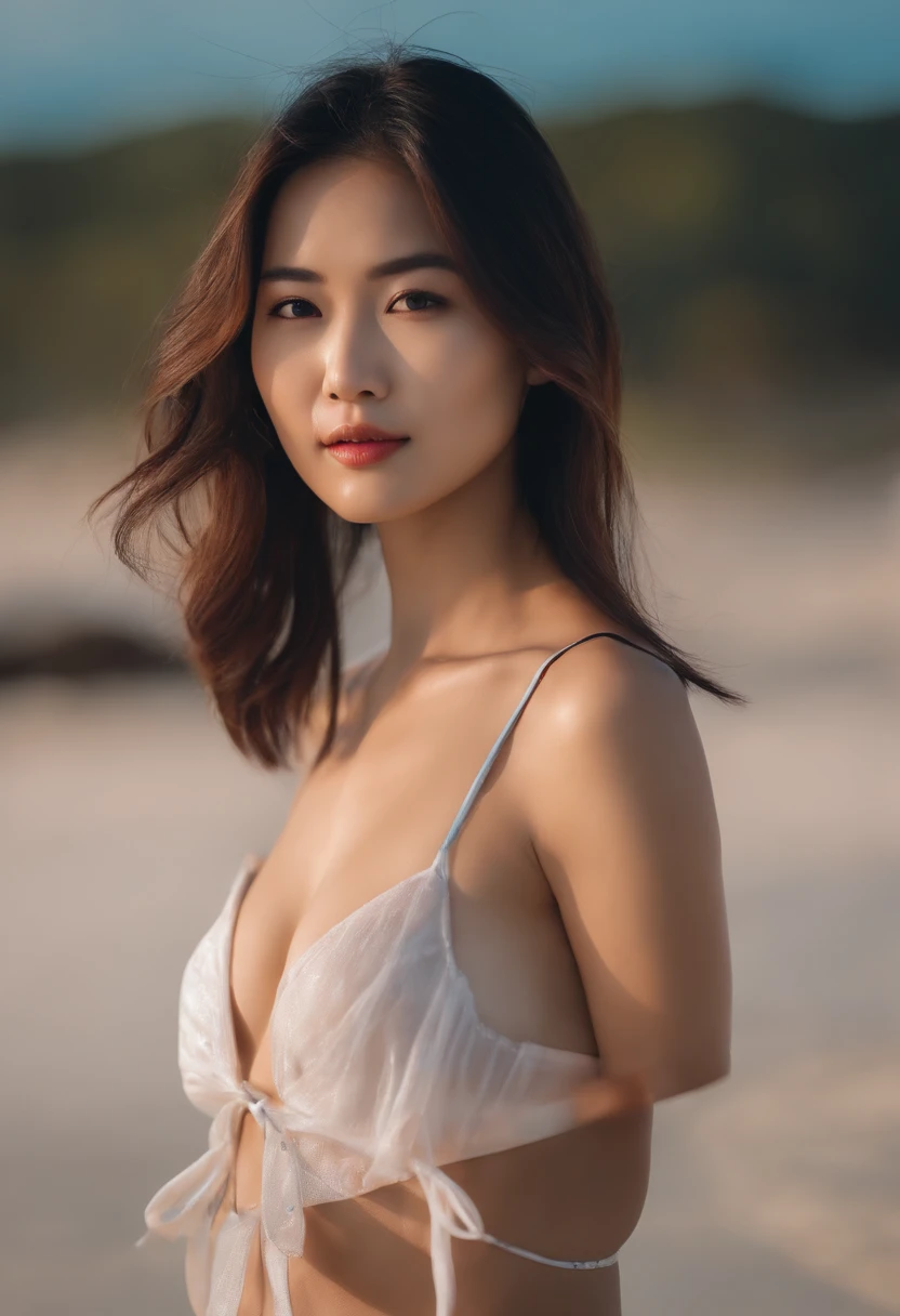 beautiful asian girl with shoulder-length hair in bikini by the beach, normal proportions, average cup size,