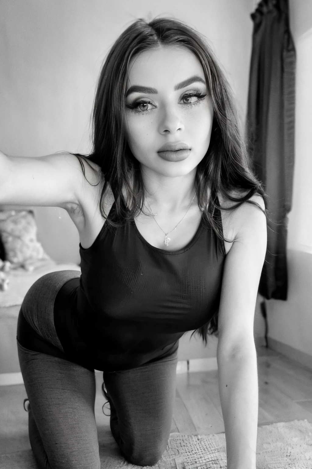 full body shot of (woman Stretching in a tank top, yoga pants, and running shoes. small smiling), (detailed realistic face), (((hyperdetailed))), zoomed out, symmetrical face, detailed pupil, expressive eyes, Casey Baugh, Michael Garmash, Sophie Anderson, hasui kawase, makeup, real photography, modern look, Real photography (Realistic:1.5)