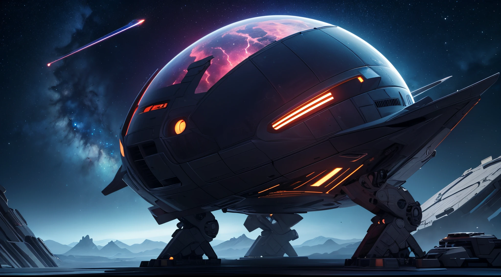 masterpiece, best quality, (extremely detailed CG unity 8k wallpaper), (best quality), (best illustration), (best shadow), 1 space ship, large, dangerous, dark, nebula background, stars, alien landscape, future, sci-fi, fantasy, render,ray tracing,ultra detailed