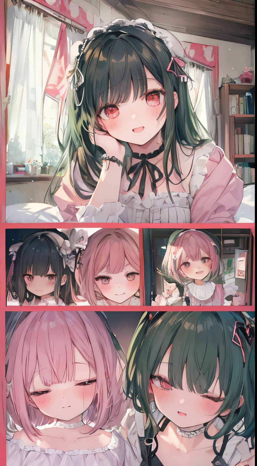 looking happy smile、((two people hugging in the room:1.8)),(blush:1.1),Choker,tome'same as them'having a physical fight、top-quality、masutepiece、Blushing cheeks、Mine makeup、Yandere Images、black and red ta fashion、One person shortcuts、Colorful long hair、《Messy room》、bustup、The style is very good、two women appear、femele2a person