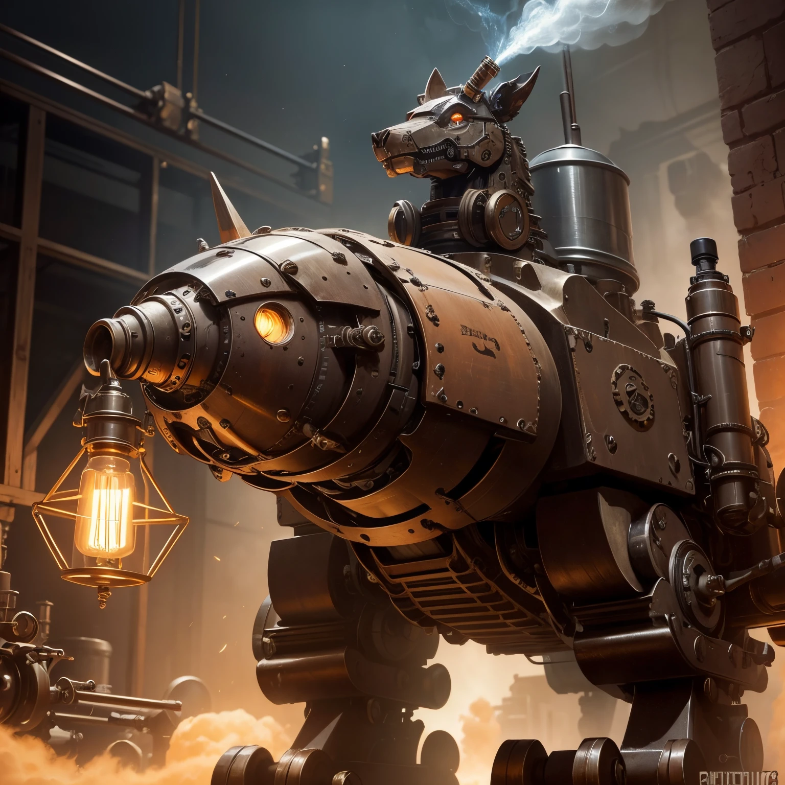 steampunc，a war machine，Quadruped walking mecha，exhaust pipe，forward lighting，oil lamp，Hydraulic presses，Hooking，The whole body is exuding steam