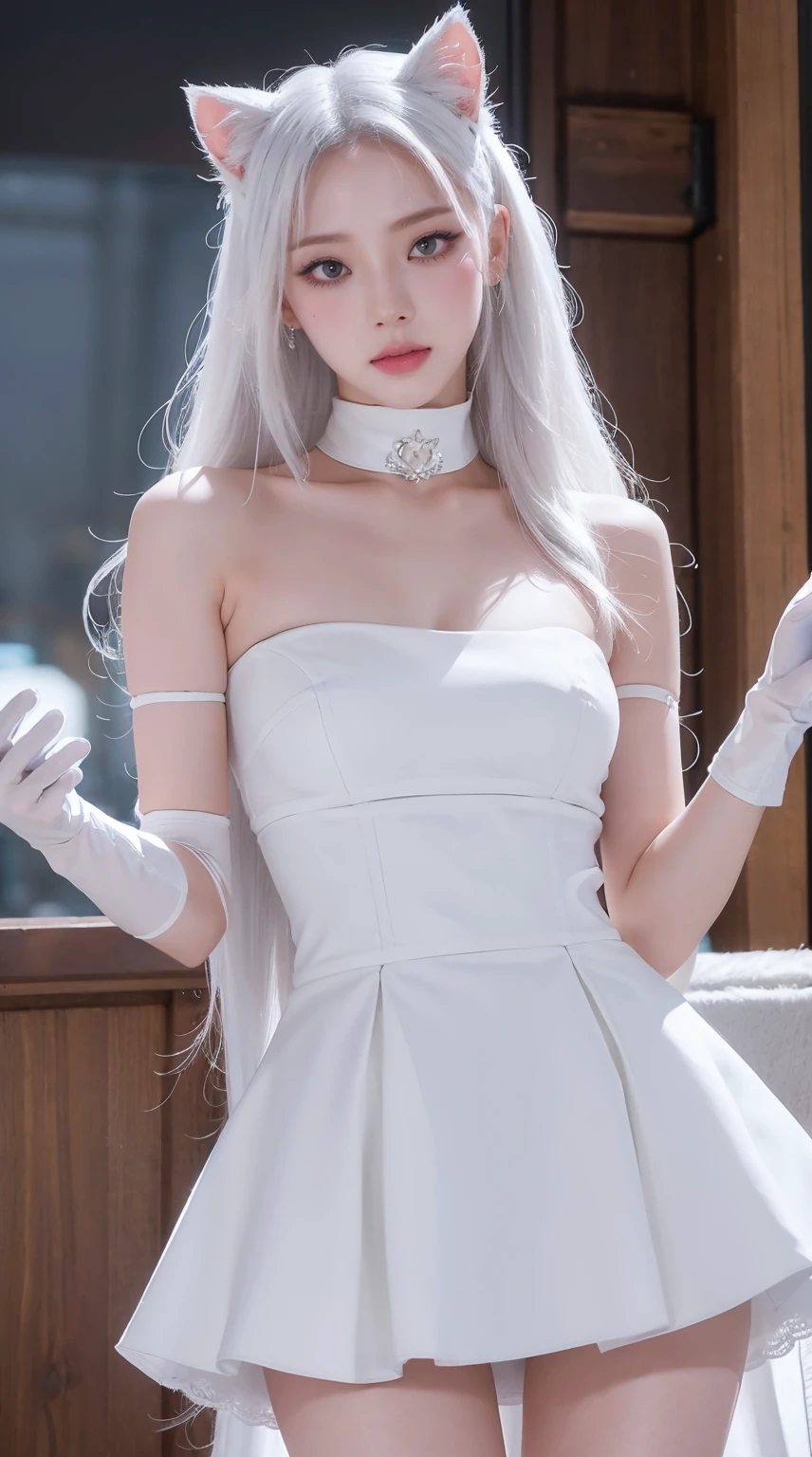 (Masterpiece, Best Quality, High Resolution: 1.2), sweet expression, 1 Girl, Solo, Long hair, Grey Eyes, Upper Body, white Dress, White Gloves, White Hair, White Cat Ears