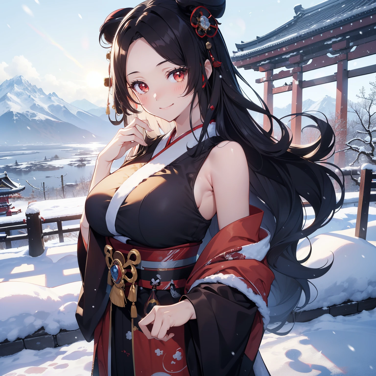 (masutepiece,Best Quality,8K),(extremely detailed CG1.1),teens girl,Smile,large boob,(From below:1.2),Intricate details , Hyper realistic, Perfect Anatomy,A dark-haired,Red Eyes,(((Forehead))),Permed hair with wavy hair,(((length hair))),Hair over one eye,hair slicked back,Full body,(((geisha costume))),blush,Happy smile,(((in snow mountain))),Lens Flare,Wind,Magnificent view,(chromatic abberation:1.3),Dynamic Angle,Cowboy Shot,Looking at Viewer,It's snowing,is standing