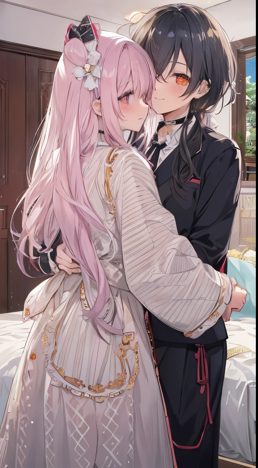 looking happy smile、（（two people hugging in the room:1.8））,(blush:1.1),Choker,tome&#39;same as them&#39;having a physical fight、top-quality、masutepiece、Blushing cheeks、Mine makeup、Yandere Images、black and red lolita fashion、One person shortcuts、Colorful long hair、《Messy room》、bustup、The style is very good、two women appear、femele２a person