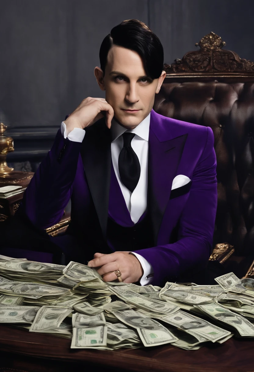 A photo of Oswald sitting at a lavish mahogany desk, counting a large stack of cash,Gotham,Oswald has spiky black hair, a long nose, and wears very fancy suits, favors the color purple. Famously portrayed by Robin Lord Taylor, male