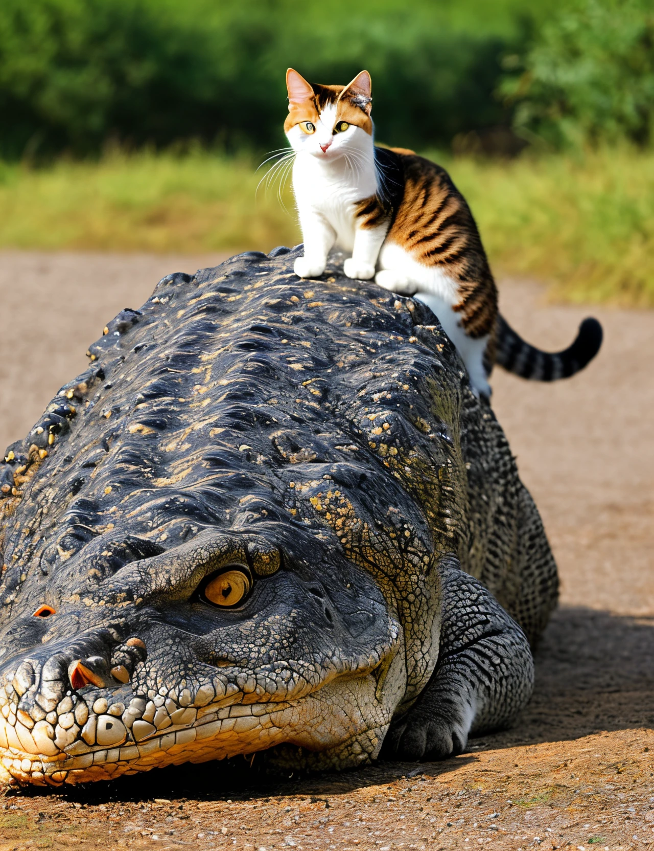 Create a photo 'Cat travelling top of the crocodile'
