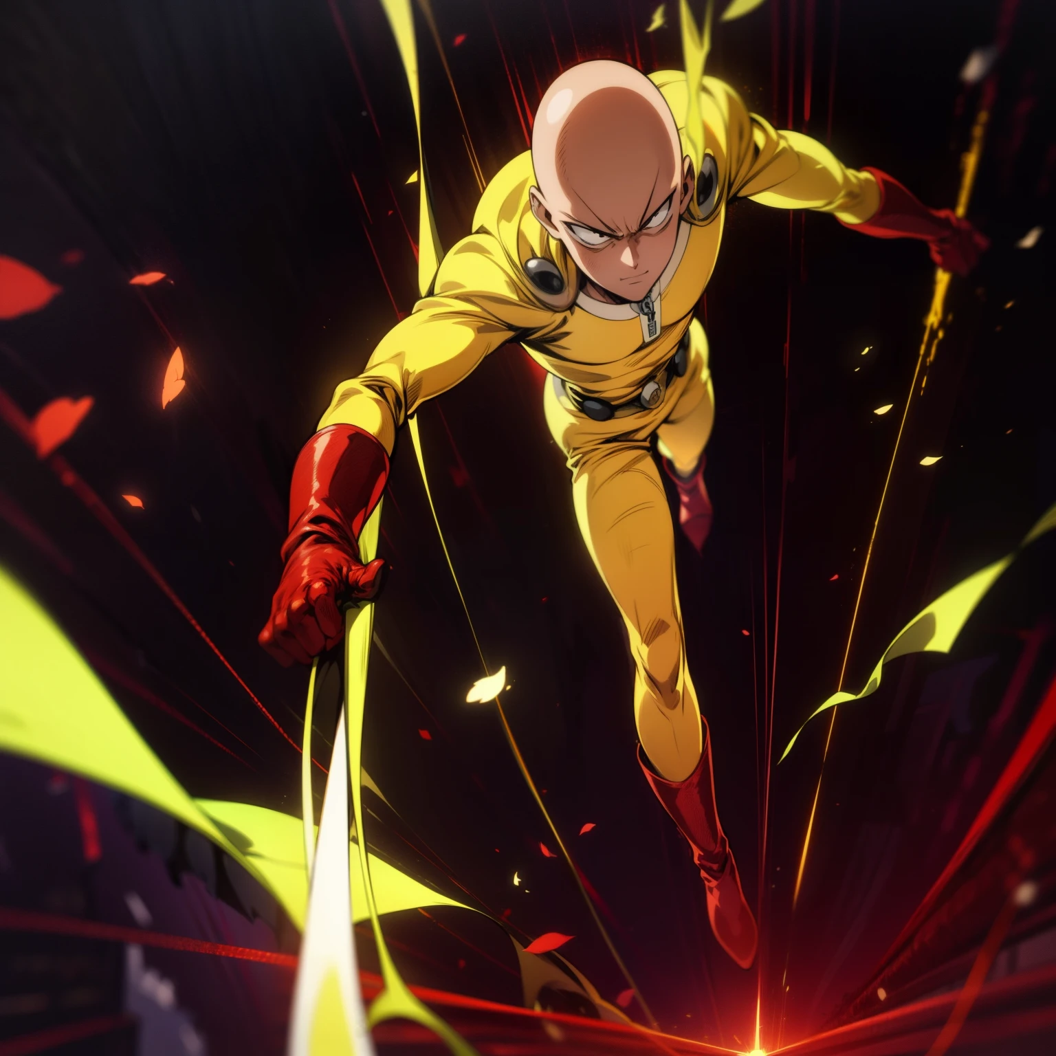 Saitama from one punch man, masterpiece, best quality, 1boy, (saitama), bald, black eyes, red boots, red gloves, yellow clothes, standing, anime smile, angry face, aura power, night, natural light, flying, angry eyes, evil smiling, male focus, strong muscles, movie composition, flying, bokeh, (futuristic), (full body), city view, flying above the city, scary look, godly strenght