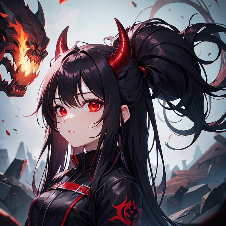 Waifu,ultra hd,red or black hair,demon,demon tail,demon horn,cute,red eye,black glove,normal booba,