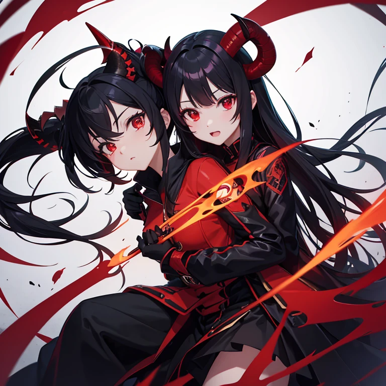 a demon with reddish skin, Bblack hair, red wide horn, purple medieval class clothes, with a black grimoire in hand, demon eyes