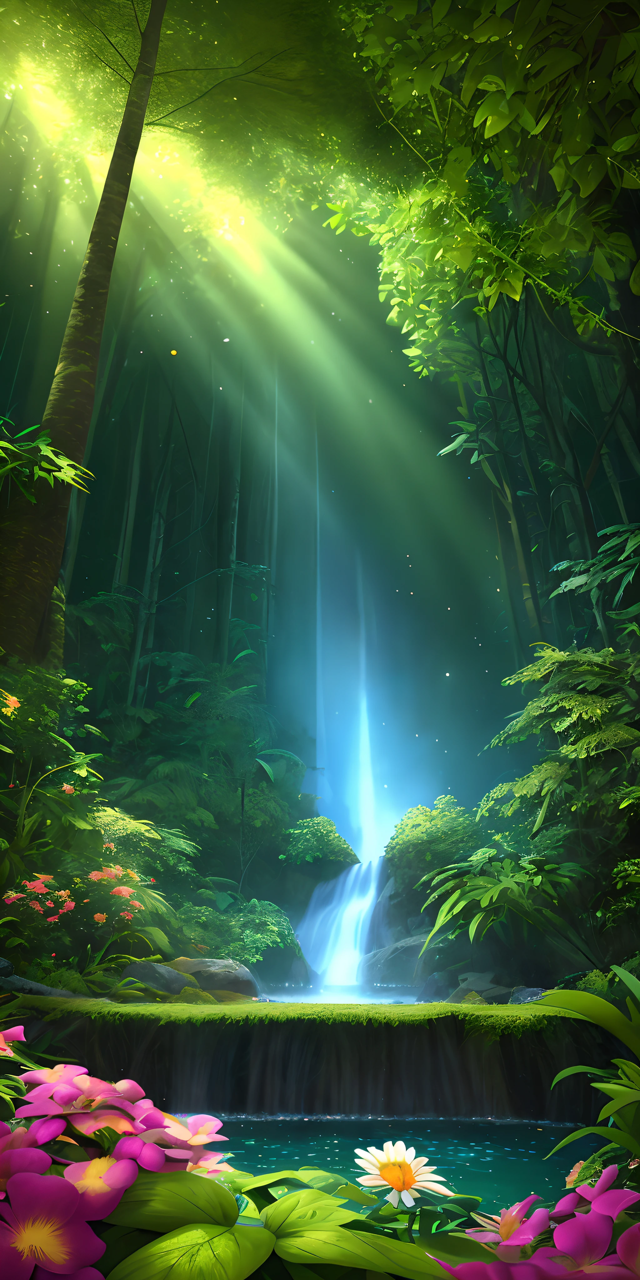 Masterpiece, Best quality, (highly detailed CG Unity 8k wallpaper), (Best quality), (Meilleure illustration), (Meilleures ombres), Elfes brillants, avec un cerf rougeoyant, dans la piscine Eau potable, Theme of Natural Elements in the Forest. mysterious forest, beautiful forest, nature, surrounded by flowers, feuilles and branches delicate entourées de lucioles (Natural elements), (jungle theme), (feuilles), (tree branch), (ver luisant), (particule FX), etc. 。.3d, octane rendered, Ray Tracing, Ultra-detailed