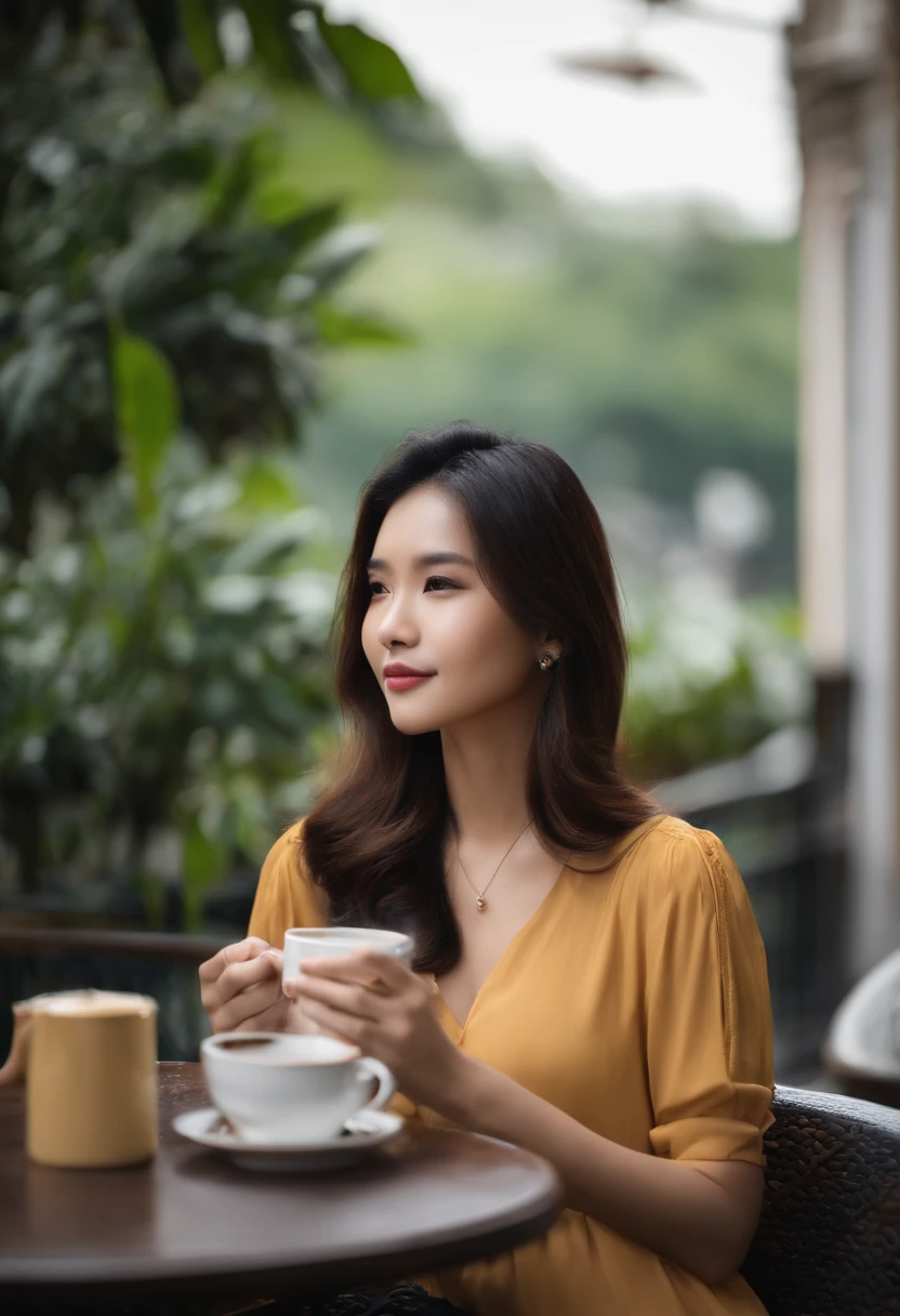 beautiful singaporean girl with shoulder-length hair at a cafe with a cup of coffee, thinking