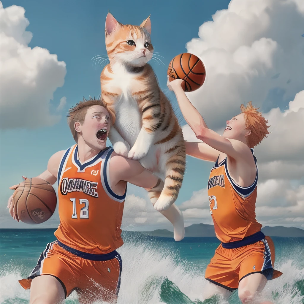 generate an image of an orange kitten slam dunking over a team of great white sharks playing basketball in the ocean. theyre all wearing jerseys. the kitten’s teammates who are also all kittens are cheering him on in the background