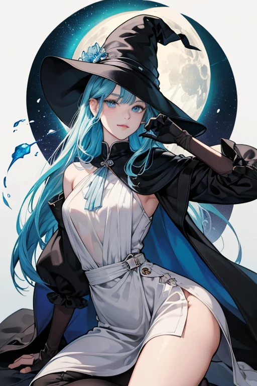 Solo woman, very large white witch hat, white bikini thong, grey fur coat, long blue hair, light blue skin, purple eyes, elegant, high detail, four arms, beautiful, 4k Ultra HD, Blue filter, starts and moon background, sexy, large breasts, side boob, perfect body,masterpiece, best quality, hentai 69(sex position) ,1girl, (mature female:1.5), oral, 1boy, fellatio, hetero, 69, penis, fellatio solo focus, gathers, mature female.
