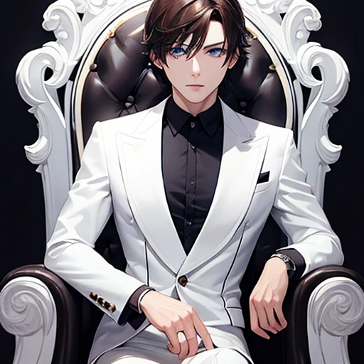 1 man,white suit,hyper detailed,masterpiece,blue silver eye,dark brown hair,sitting on luxury chair,super quality