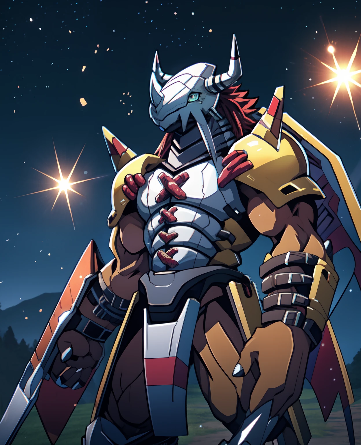 Obras maestras,Arte anime Oficial,Anthro,masculino,(Wargreymon:1.2),cara delicada,ojos delicados bien detallado con pupila rasgada,casco, armadura, cuerno, Digimon, Parte superior del cuerpo, Profundidad de campo, Perfect lighting, light particles,(La mejor calidad),(Obra maestra),(Ultra detallado),foco nítido,light particles