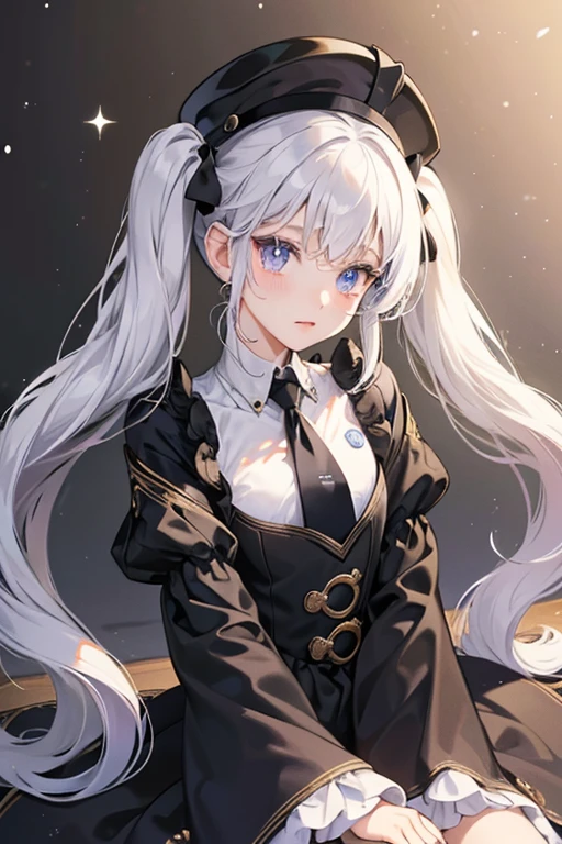Milky Way Cookie is a tiny Cookie with a feeble frame and snow white dough. She has large mauve eyes with stars in her pupils. Her floor-length white hair is tied in twintails, with a Star Jelly in each twintail. Her hair also has highlights of different colors at the ends of her twintails. She sports a black conductor’s hat and a black uniform with oversized sleeves, as well as a white necktie. She also has gold star-shaped accessories near the ends of her sleeves.