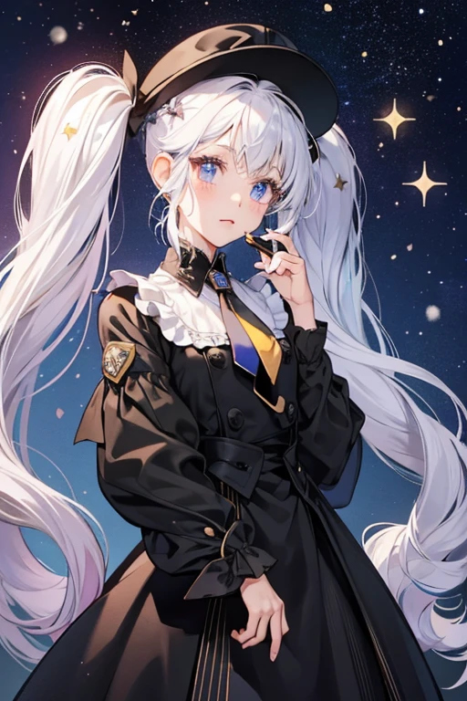 Milky Way Cookie is a tiny Cookie with a feeble frame and snow white dough. She has large mauve eyes with stars in her pupils. Her floor-length white hair is tied in twintails, with a Star Jelly in each twintail. Her hair also has highlights of different colors at the ends of her twintails. She sports a black conductor’s hat and a black uniform with oversized sleeves, as well as a white necktie. She also has gold star-shaped accessories near the ends of her sleeves.