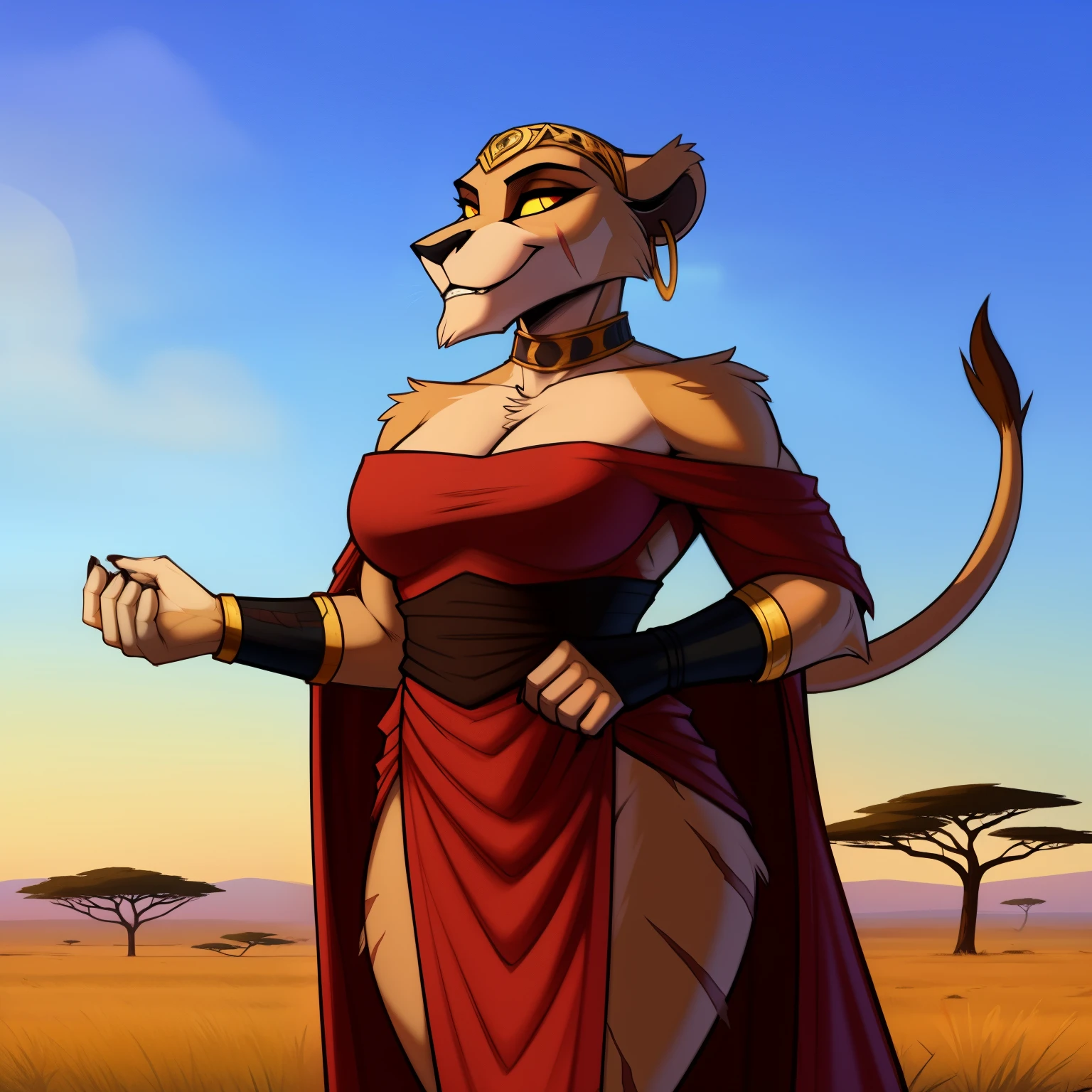 Tall_muscular_lion female scars red_irises yellow_sclera hazy_sky savanna solo Masterpiece best_quality absurdres highly_detailed cleanly_drawn_eyes anthro_only by_claweddrip, by_greasymojo, by_underscore-b, by_runawaystride circlet bracers gorget neck_hoops hoop_earrings medieval_gown seductive_expression