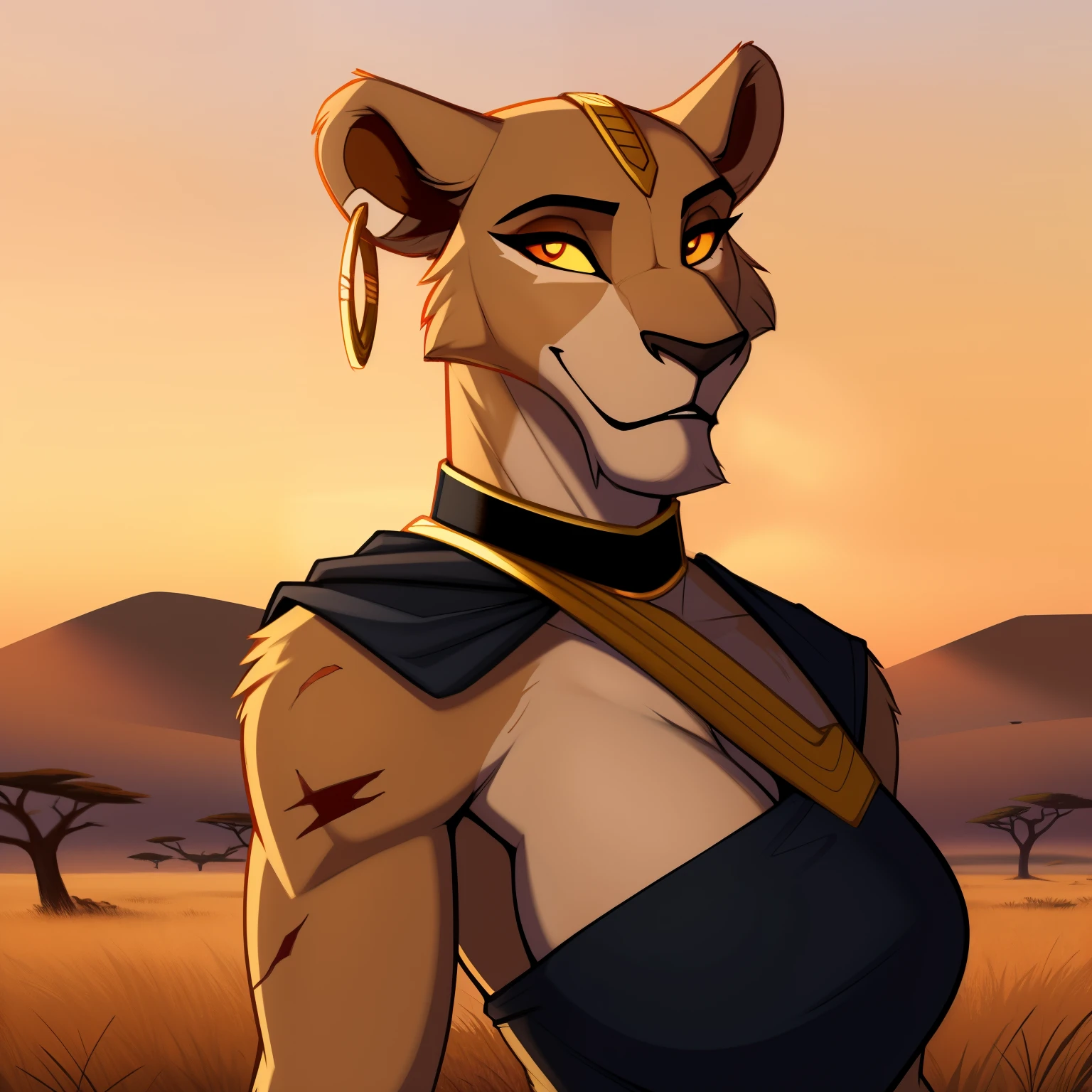 Tall_muscular_lion female scars red_irises yellow_sclera hazy_sky savanna solo Masterpiece best_quality absurdres highly_detailed cleanly_drawn_eyes anthro_only by_claweddrip, by_greasymojo, by_underscore-b, by_runawaystride circlet bracers gorget neck_hoops hoop_earrings medieval_gown grin
