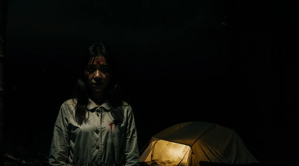 create me a horror picture of female asian ghost standing outside of the small camping tent in the dark forest at night with blood on face