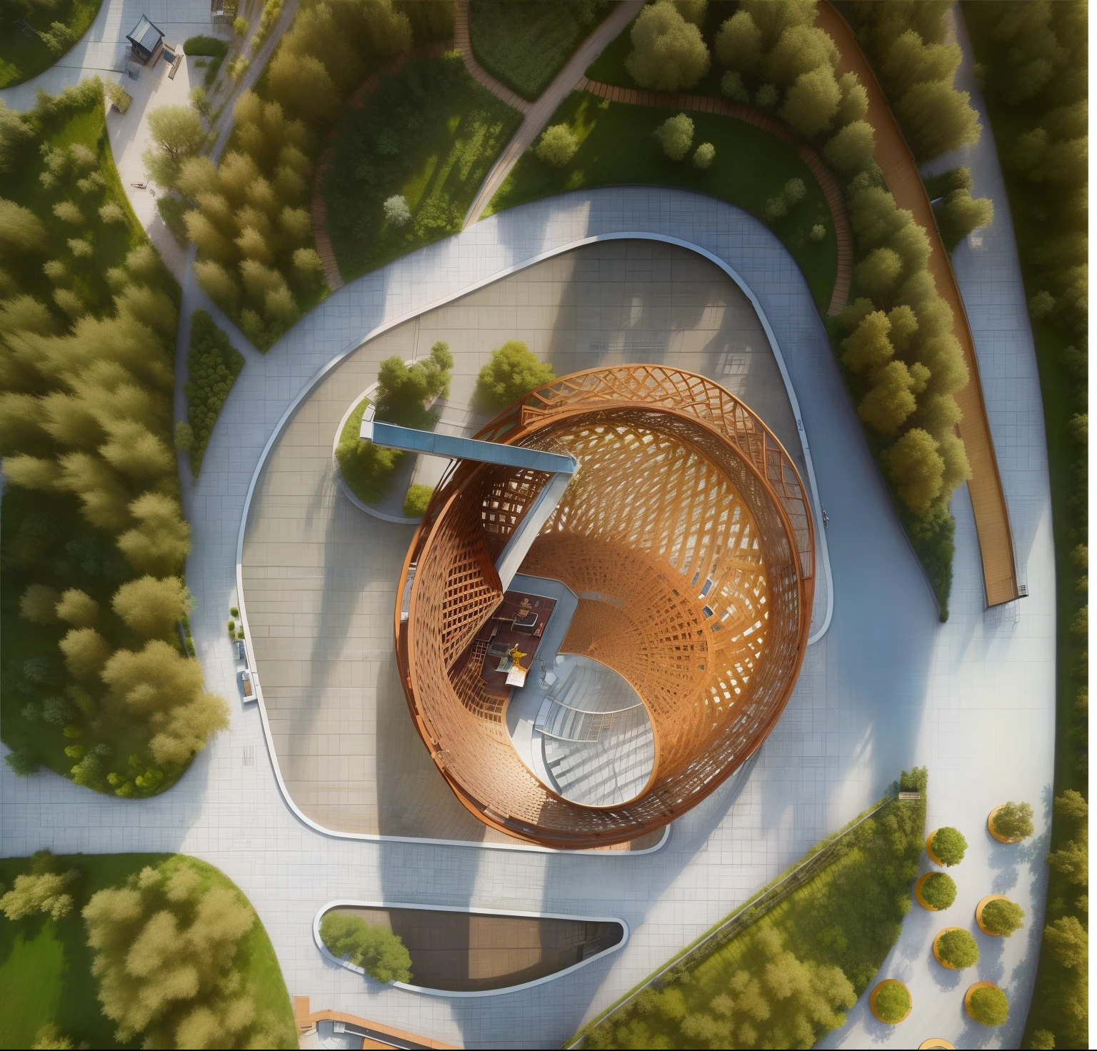 view of circular structure,There is a bench and a bench in the middle, Cha Shibiao, Inspired by Cha Shibiao, looking from above, Close-up of the above, rounded architecture, view above, Inspiring aerial view, top views, building rendering, building rendering, bird's eye view from above, architectural concept, foster and partners