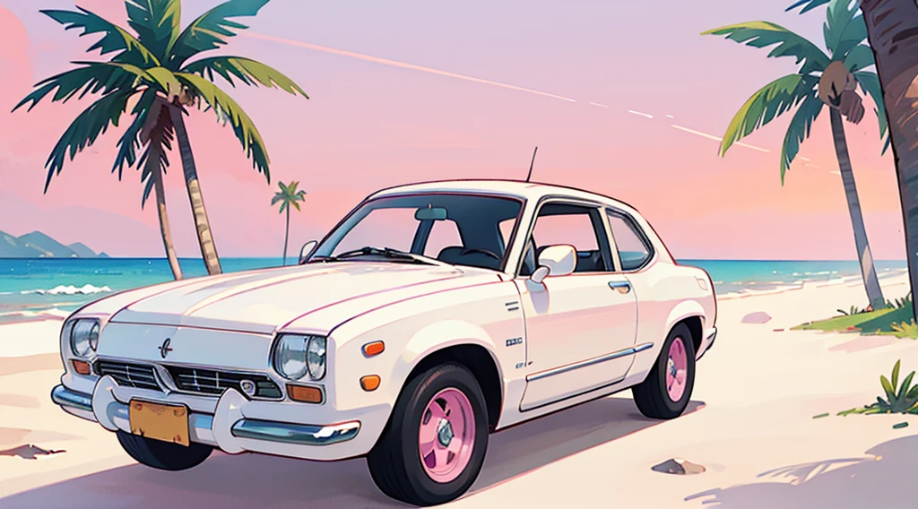 sand beach, pink sky, palm tree, (((white classic car)))