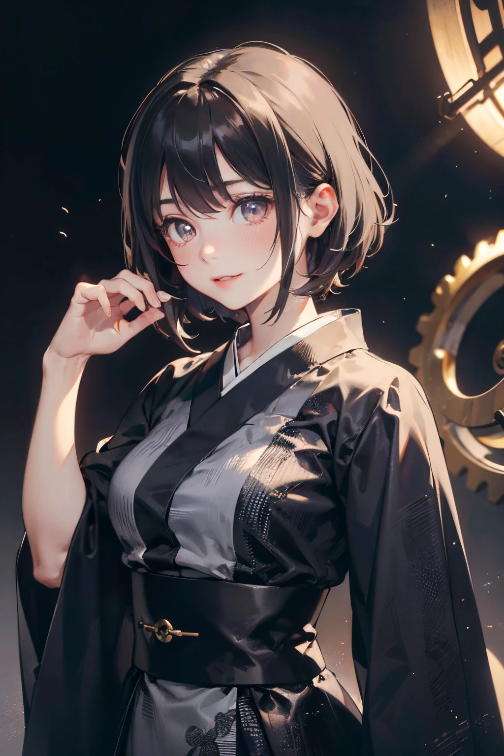 a 20 yo woman、Brown hair、Bery short hair、Big smile、Purple long dress(hi-top fade:1.3)、dark themed、Muted Tones、Subdued Color、highly contrast、(natural skin textures、Hyper-Realism、Soft light、sharp) {{{{masutepiece}}}}, {{{Hyper Detailed}}}, {{{hight resolution}}}, {{Good anatomy}}, (((Best Quality))), ((extremely delicate and beautiful)), {{an extremely detailed and delicate}}, {8k cg wallpaper}, {{Illustration}}, (greyscale with colored background:1), White and black background,  (chromatic abberation:1.2), Upper body,  maturefemale, (1girl in:1), Solo, 花魁, (Komono:1.2), medium breasts,  hiten1,gear kimono，Have a flashlight，The background is full of mechanical gears.、