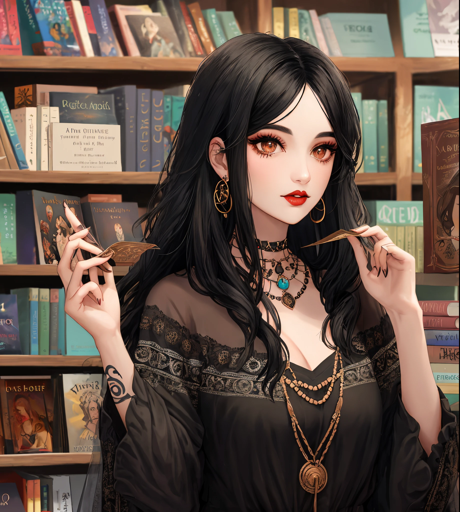 Black hair, nose ring, witchy vibes, books