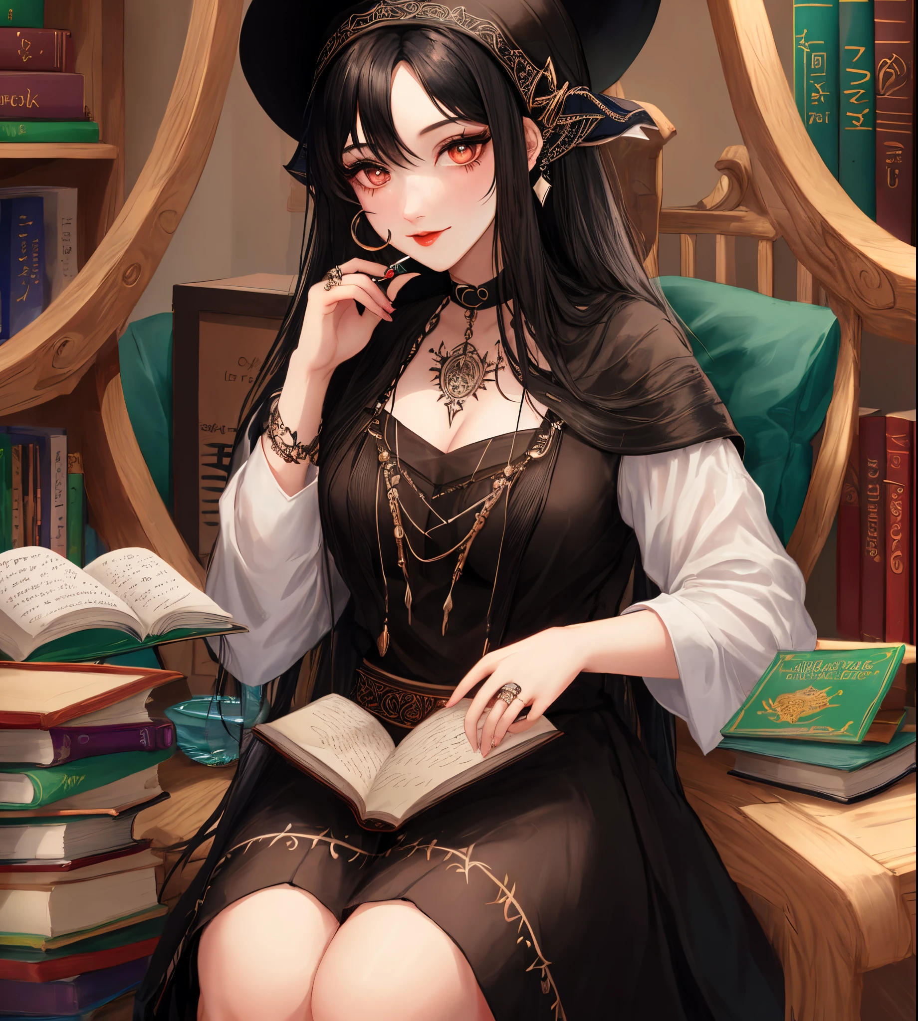 Black hair, nose ring, witchy vibes, books