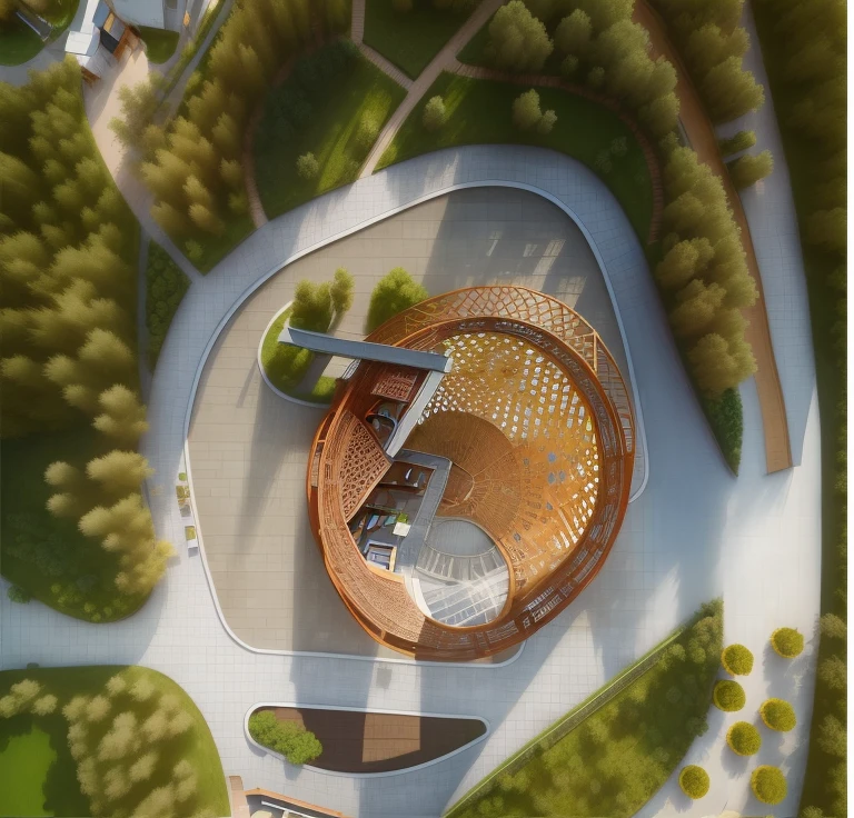 circular structure view,There is a bench and a bench in the middle, Cha Shibiao, Inspired by Cha Shibiao, looking from above, Close-up of the above, rounded architecture, view above, Inspiring aerial views, down view, building rendering, building rendering, The bird'looking from above, architectural concept, foster and partners