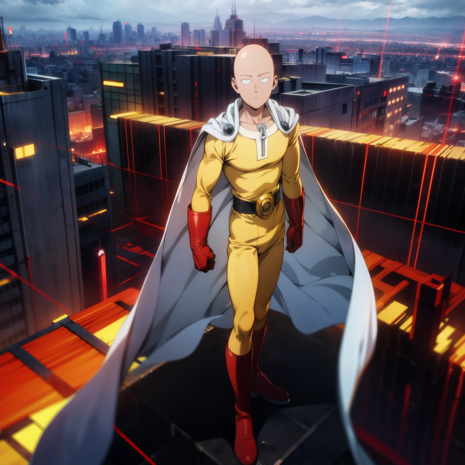 Saitama from one punch man, masterpiece, best quality, 1boy, (saitama), bald, black eyes, red boots, red gloves, yellow clothes, white cape, standing, anime smile, angry face, aura power, day, natural light, flying, angry eyes, evil, male focus, strong muscles, movie composition, bokeh, (futuristic), (full body), city view, standing on building, above the city, scary look, godly strenght