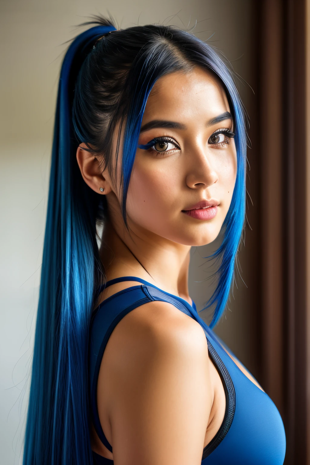 photo of (emikin:0.99), a woman as a sexy TikTok influencer, Selfie style shot , cobalt hair, twintails, cobalt eyes, happy, wearing activewear, (extremely detailed CG unity 8k wallpaper), photo of the most beautiful artwork in the world, professional majestic (photography by Steve McCurry), 8k uhd, dslr, soft lighting, high quality, film grain, Fujifilm XT3 sharp focus, f 5.6, High Detail, Sharp focus, dramatic, Cleavage showing , (looking at viewer:1.2), (detailed pupils:1.3), (natural light), (seductive)
