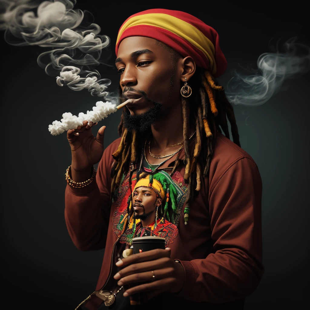 logotype, white background, silhouette of the favela, with the lights on, realisitic, perfect, in front a Brazilian Caboclo, with a large tuft on the head in green colors, red and white, with a pipe in his mouth, making smoke. Indigenous caboclo, with a goatee to grow, green clothes, slum behind