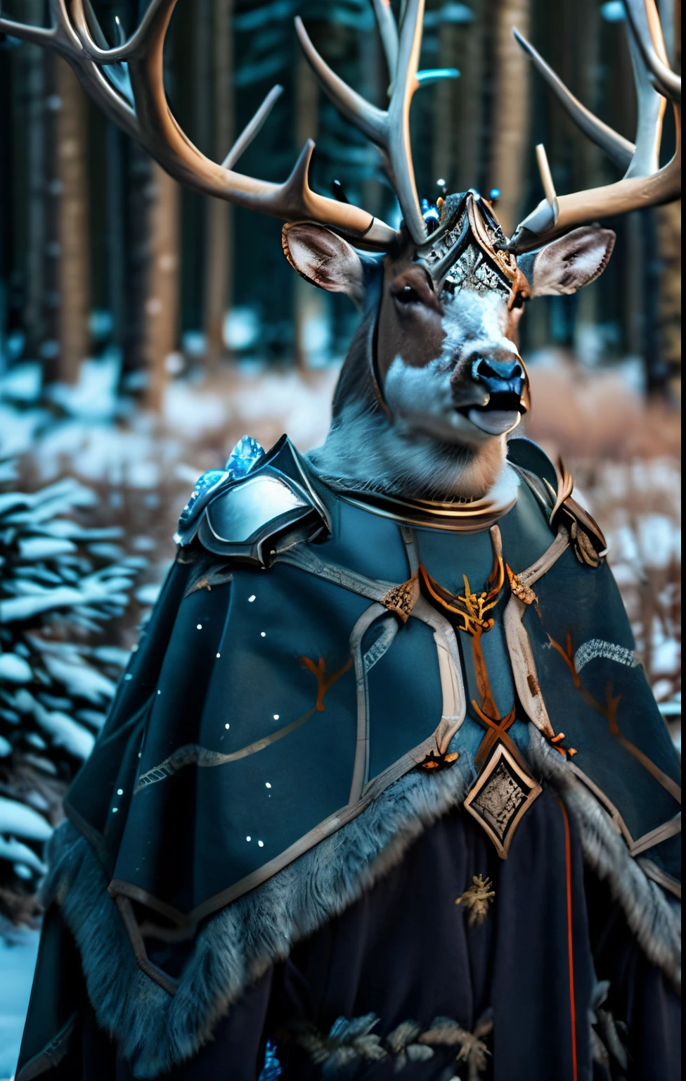 The reindeer with ice powers, masterpiece, headshot portrait, realistic, fancy armor, very detailed armor, celebration event, highly decorated, very detailed, professional photography, 8k, color balance, holy light, antlers, forest god, very elegant, very elaborate, headshot, war helmet, high contrast, mood