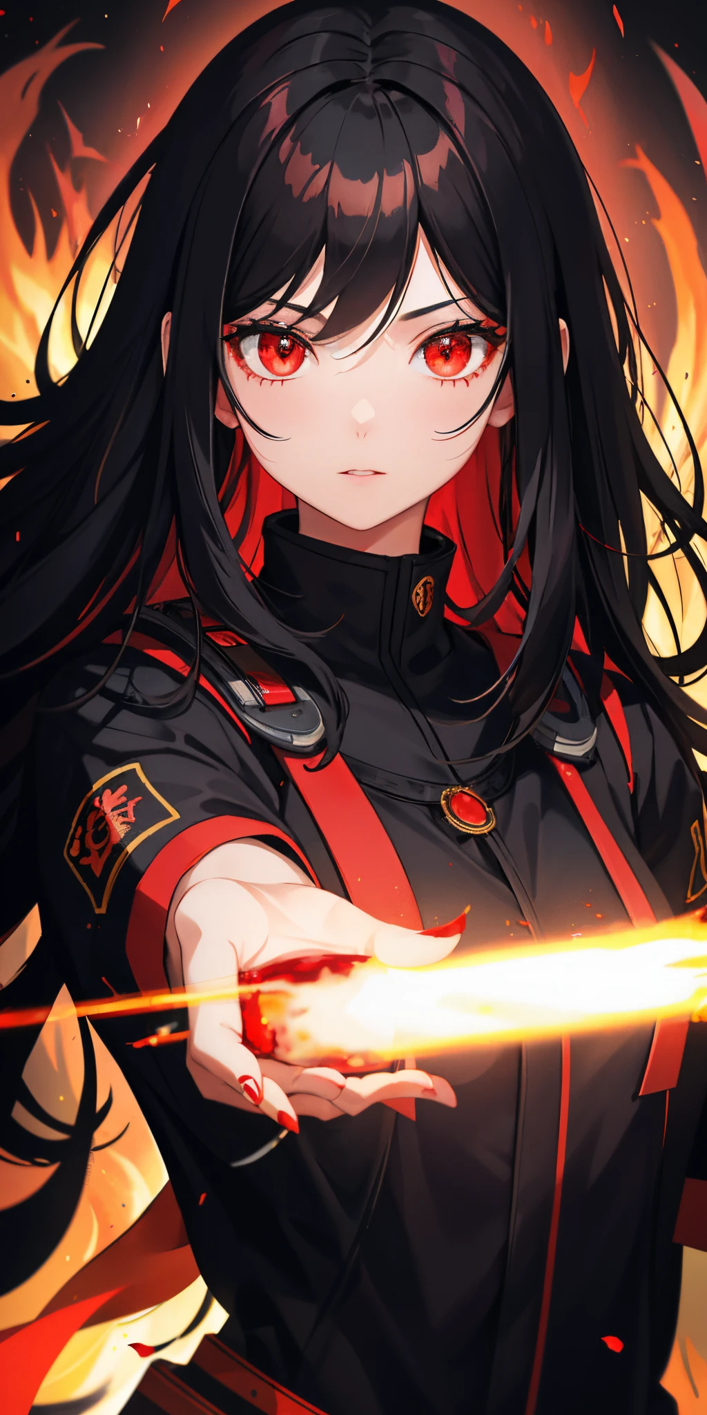 1girl, black hair, red eyes, fire witch, blood, light particles, light rays, wallpaper, high contrast, colorful,