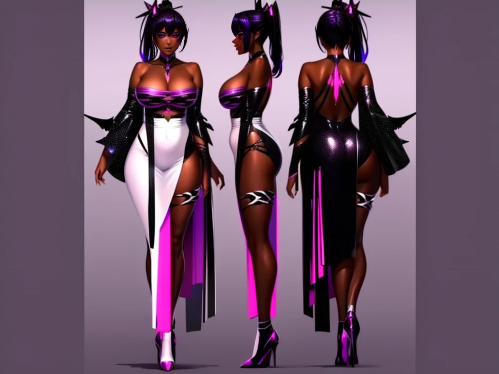 full shot, 65-year-old, multicolored gradient hair, from black hair to crimson blood red hair, high ponytail, girly hair bow. colored skin, dark skin, dark skinned, tanned skin, tan skinned, tan skin, tan, tan lines, tan-lines, tanline. red lipstick + black lipstick + bimbo, goth, professional makeup. seductive gaze, glowing eyes, purple eyes, slitted eyes. some wrinkles on her face, age spot, very sexy evening outfit that reveals her small waist, many pieces of clothing being wore on top of one another. sculpted calves, digitigrade, hooves instead of feet, shark tail, fangs, sharp teeth, iridescent thigh bands, flat belly, no abdominal musculature, full big breasts, hyper round hips, himejima akeno. (glittery black angel wings + black halo) + (white demon wings + shining white horns), cyberpunk gal, witch temptress, bad girl, bad bitch, fashion acessories, expensive jewelry, realistic, intricate, complex, 8k, highres, best quality, award winning, high details, high quality, super detail, textured skin, masterpiece, UHD, clear background, three sided view, full body, multiple views.