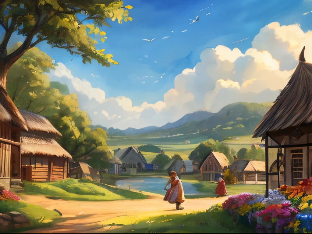 best quality,4k,8k,highres,masterpiece:1.2,ultra-detailed,realistic:1.37,landscape,colorful,happy,peaceful,serene,Eldoria village life,captured in a painting,traditional artists,watercolor style,blue skies and fluffy white clouds,lush green fields and rolling hills,quaint cottages and vibrant gardens,bustling market square with cheerful villagers,sunlight filtering through the trees,tranquil river flowing through the village,flocks of birds soaring in the clear sky,children playing and laughing in the meadow,old oak trees providing shade and tranquility,freshly harvested crops and colorful flowers,smell of freshly baked bread from the local bakery,sounds of laughter and lively conversations,rich and vibrant colors,highlight of the village celebrations,historical landmarks and charming architecture,peaceful countryside surrounding the village,immaculately maintained paths and gardens,reflective stream creating a calm and serene atmosphere,lively village festivals featuring music and dancing,harmony between nature and human life,happy villagers engaging in daily activities,sunrise or sunset casting a warm golden glow,canvas filled with life and positive energy,summer breeze gently rustling the leaves,soft and inviting atmosphere,beautifully rendered landscapes capturing every detail.