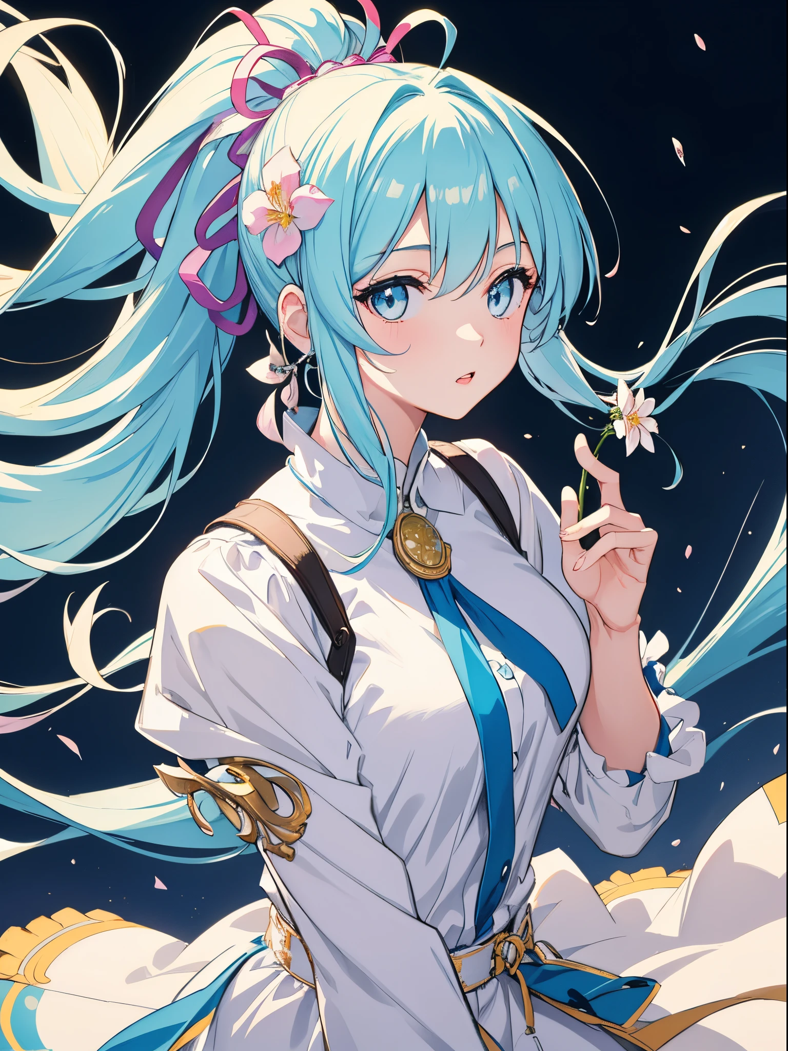 (masterpiece), (best quality), (ultra detailed),(disheveled hair),(illustration), (1girl), (Fashionable clothing), standing, Fashion model, looking at viewer, (interview), (simple background),beautiful detailed eyes, delicate beautiful face, Floating,(high saturation),(colorful splashes),colorful bubble,(shining), focus on face, ponytail, kamisato ayaka, light blue hair, bangs, hair ring, floating flowers, floating hairs, (shining), best lighting, best shadow,