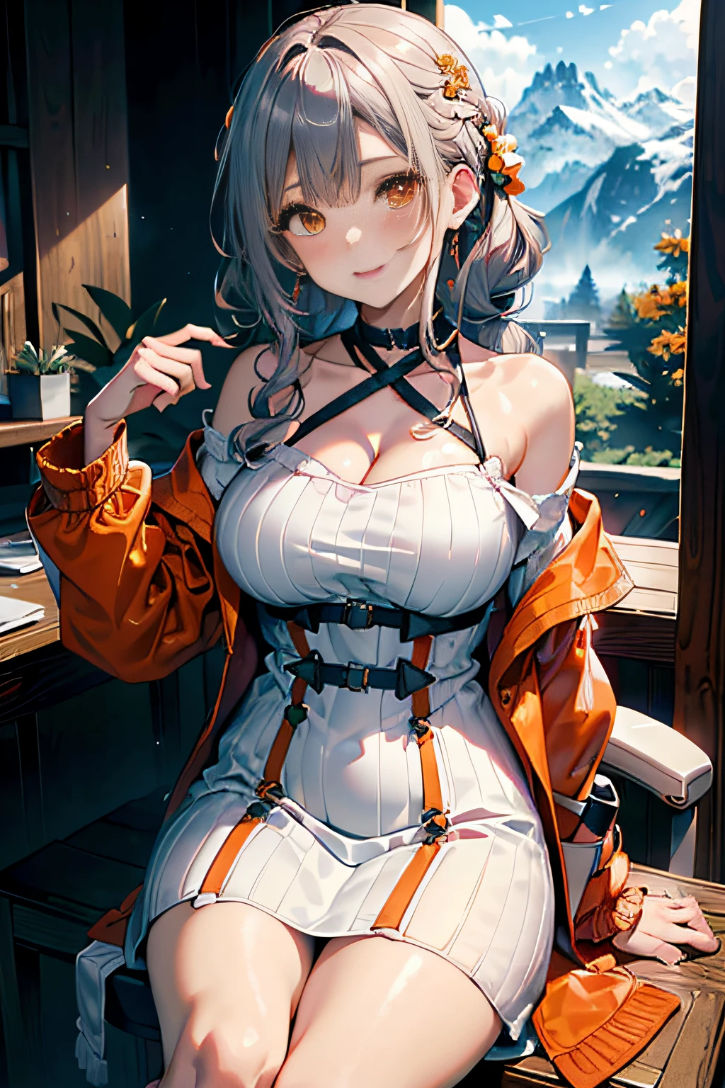 (3D Animation:1.3),(Make the subject look three-dimensional with the contrast of light and shadow),(Snowy mountains in winter),cute and beautiful adult woman,Cute round face,Cute smile,with blush cheeks,Red Lip,(((Orange Open Short Duffle Coat:1.3))),(((Off-white off-shoulder knit dress:1.3))),(silver white hair,Floral braided headband,half up、Floral Braided Space Van,Voluminous Fishtail Braids,Twisted chignon,),(Bangs are see-through bangs),hair pin,hair adornments,(((Emphasize large breasts:1.3))),breast slip,detailed clothes features,Detailed hair features,detailed facial features,(Dynamic angles),(Dynamic and sexy poses),profetional lighting,Cinematic Light,(masutepiece,top-quality,Ultra-high resolution output image,) ,(The 8k quality,depth of fields,Anatomically accurate facial structure,),(Sea Art 2 Mode:1.3),(Image Mode Ultra HD,)