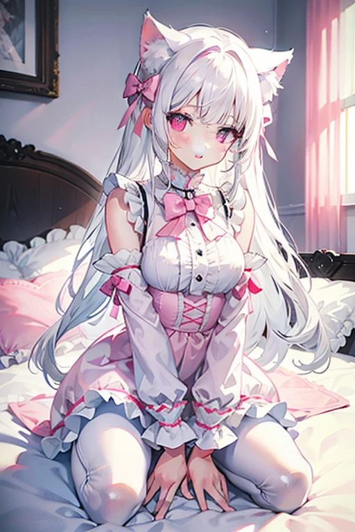 White hair，cat ear，a pink eyes，Light blue Lolita，white leggings underneath，Pink bow，Inside the room，kneeling on a bed