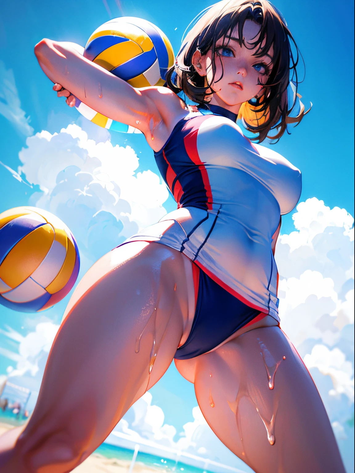 Best Quality, masutepiece, High resolution, (Anime Heroine Illustration), Anime Paint, 1beautiful girl ,Dynamic Angle,Female beach volleyball Athletes,small head,Large breasts,nice legs, Glowing skin, Sweat,At the beach volleyball venue ,,Detailed beautiful face,large eyes,detailed hairs,detailed skins,Realistic Skins,Sweat,detailed clothes,cool,from below
