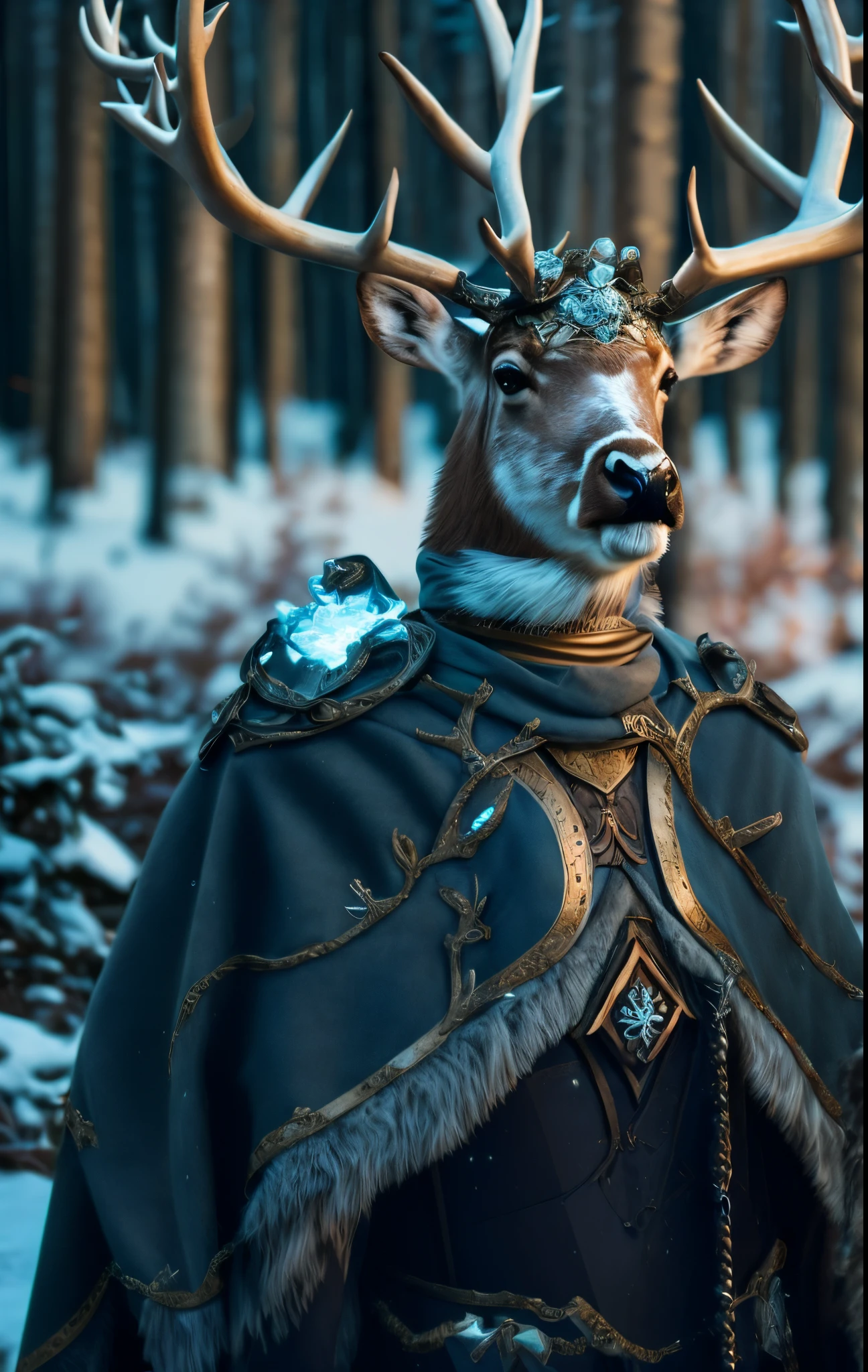 The reindeer with ice powers, masterpiece, headshot portrait, realistic, fancy armor, very detailed armor, celebration event, highly decorated, very detailed, professional photography, 8k, color balance, holy light, antlers, forest god, very elegant, very elaborate, headshot, war helmet, high contrast, mood