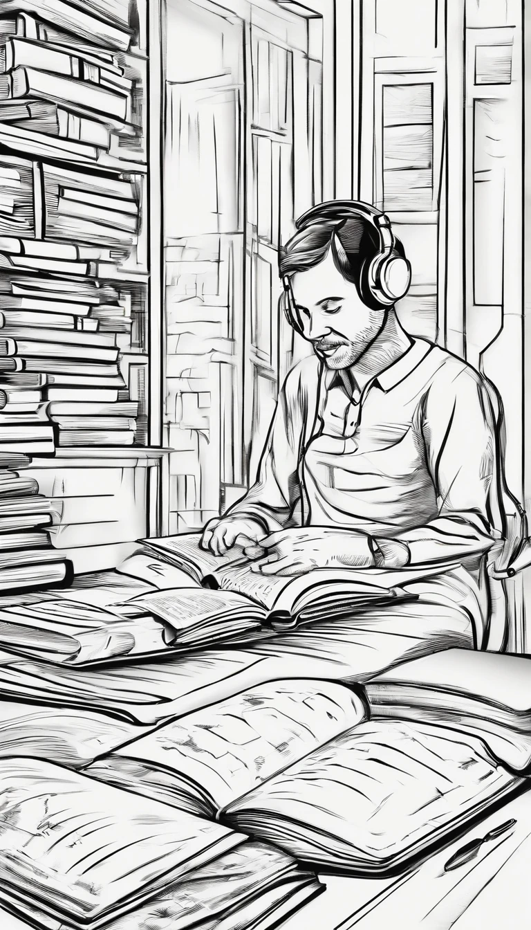 Baby reading with headphones on，Immerse yourself in a pile of old books. It lay lazily on the wooden counter next to it.