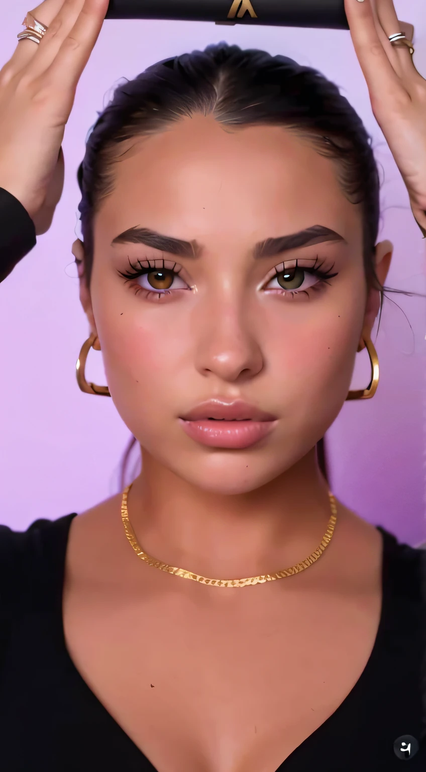 a close up of a woman holding a black purse over her head, portrait sophie mudd, flawless olive skin, sexy face with full makeup, sultry look, detailed flawless face, polished look, defined cheekbones, dua lipa, jaw dropping beauty, detailed and perfect face, big bold thick eyebrows, big cheekbones, thick eyebrows