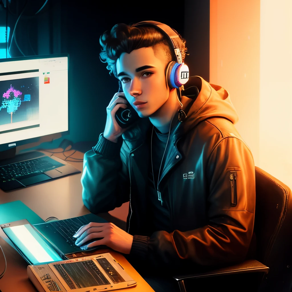 there is a man sitting at a desk with a laptop and headphones, photorealistic:1.4) sidelighting, microphone, Cameras, cyberpunk art , looking at viewer, medium breasts, trending on cg society, digital art, chillhop, background artwork, lofi artstyle, cyberpunk vibes, hip hop vaporwave, synthwave art style ]!!, lofi portrait, [ synthwave art style ]!!